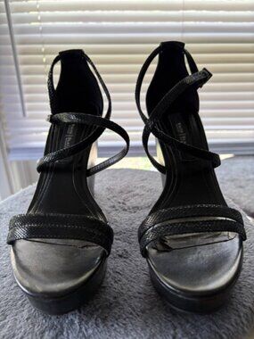 White House Black Market Leighton Black Lizard Embossed Wedge Sandals - Size 6M